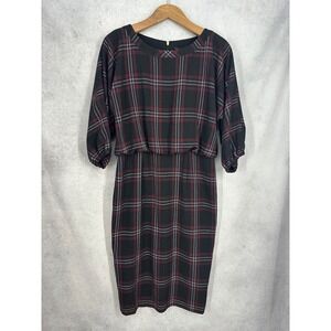 Donna Karan New York Plaid Blouson Midi Dress Black Red Tartan Size 12 NEW